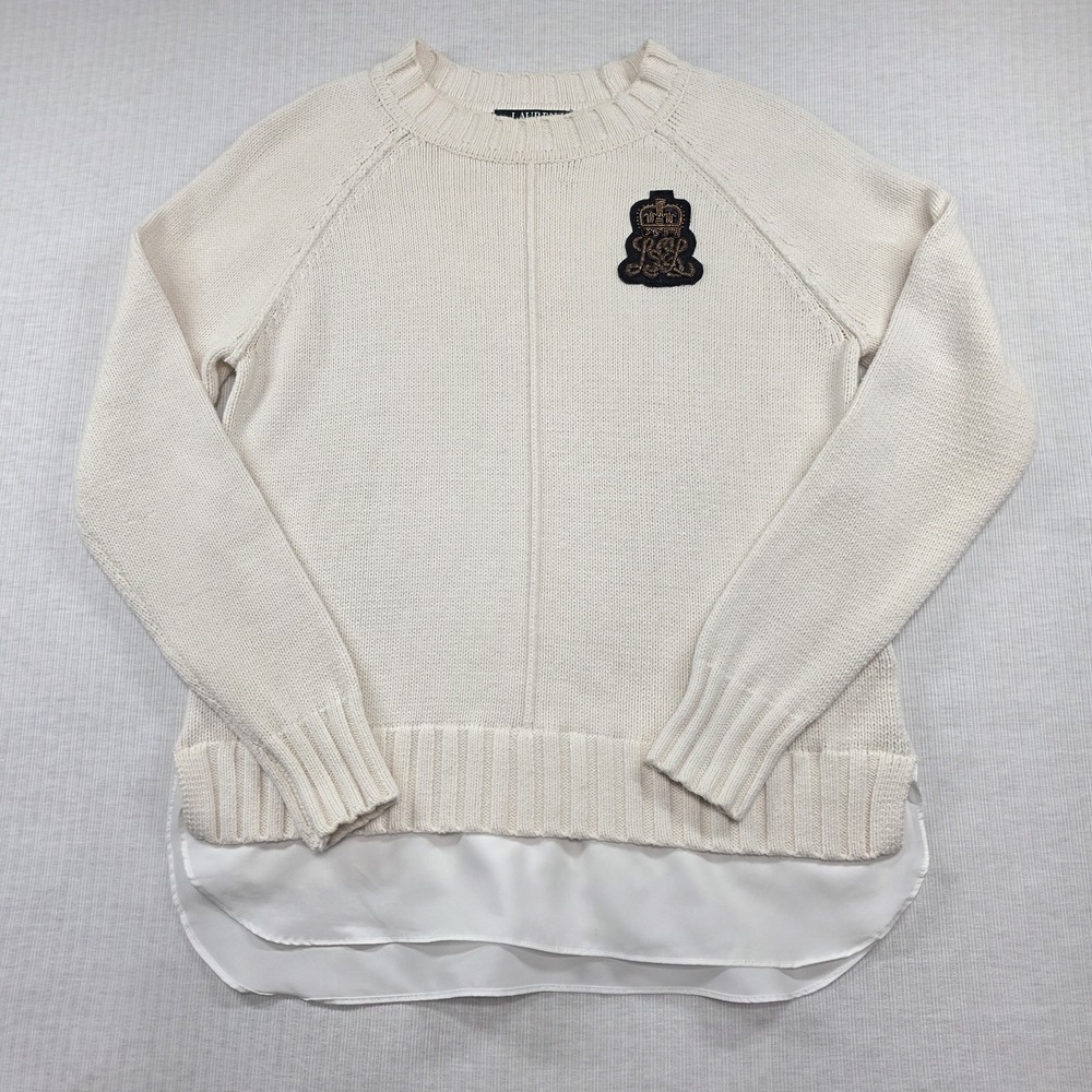Lauren Ralph Lauren Cream Mixed Media Crest Patch Sweater PS Preppy Academia